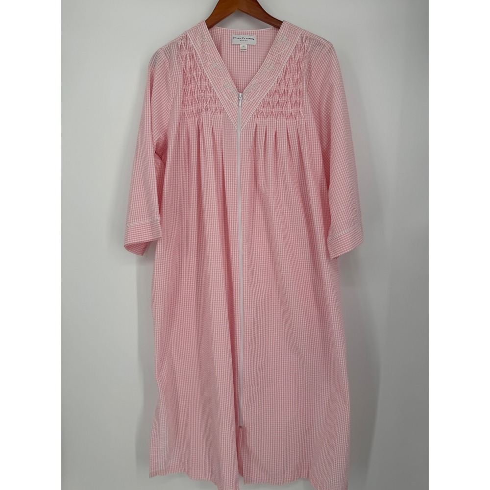 Miss Elaine Womens Nightgown 1X Gingham Smocked Embroidered Housecoat Duster